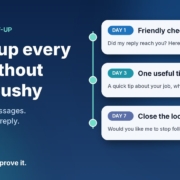 Illustration of a three-step follow-up timeline with day 1, day 3 and day 7 message cards and a green Replied: stop badge, next to the headline Follow up every lead without being pushy