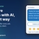 Illustration of a phone showing a thank-you text asking for an honest Google review, with a Leave a review button and five stars, next to the headline Get more reviews with AI, the right way