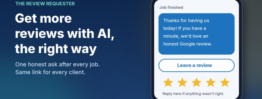 Illustration of a phone showing a thank-you text asking for an honest Google review, with a Leave a review button and five stars, next to the headline Get more reviews with AI, the right way