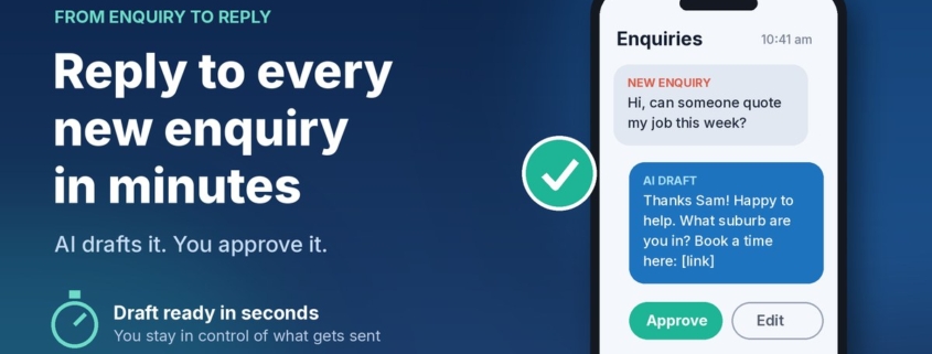 Illustration of a phone showing a new customer enquiry, an AI-drafted reply and an Approve button, with the headline 'Reply to every new enquiry in minutes'