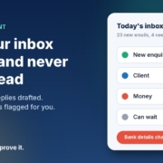 Illustration of an inbox sorted by AI into new enquiry, client, money and can wait, with a red flag on a changed bank details email, next to the headline Sort your inbox with AI and never miss a lead