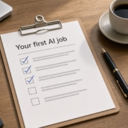 Clipboard checklist titled Your first AI job with ticked boxes on a desk, showing where to start with AI in a small business