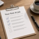 Clipboard checklist titled Your first AI job with ticked boxes on a desk, showing where to start with AI in a small business