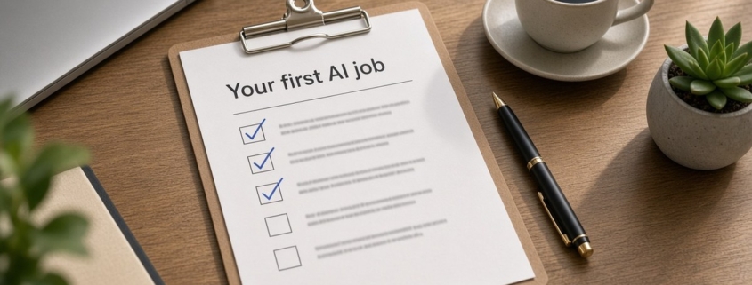 Clipboard checklist titled Your first AI job with ticked boxes on a desk, showing where to start with AI in a small business